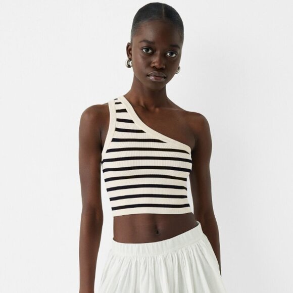 Bershka One Shoulder Contrast Piping Knitted Top Ecru Black M - Picture 1 of 12